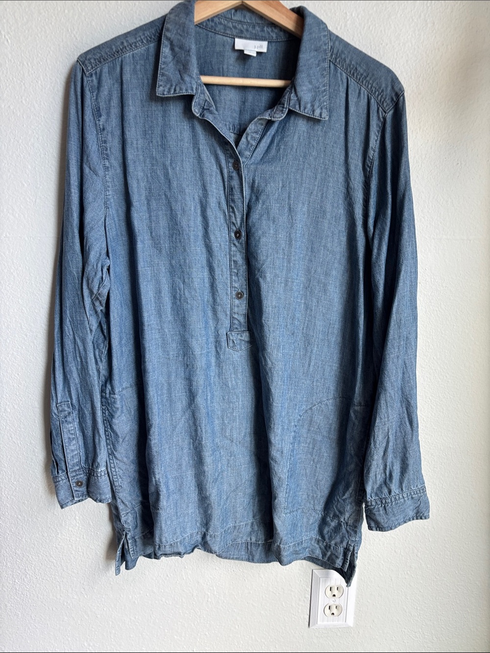J. JILL Linen Tencel Tunic  Chambray Collared Shirt Pockets Lagenlook Large